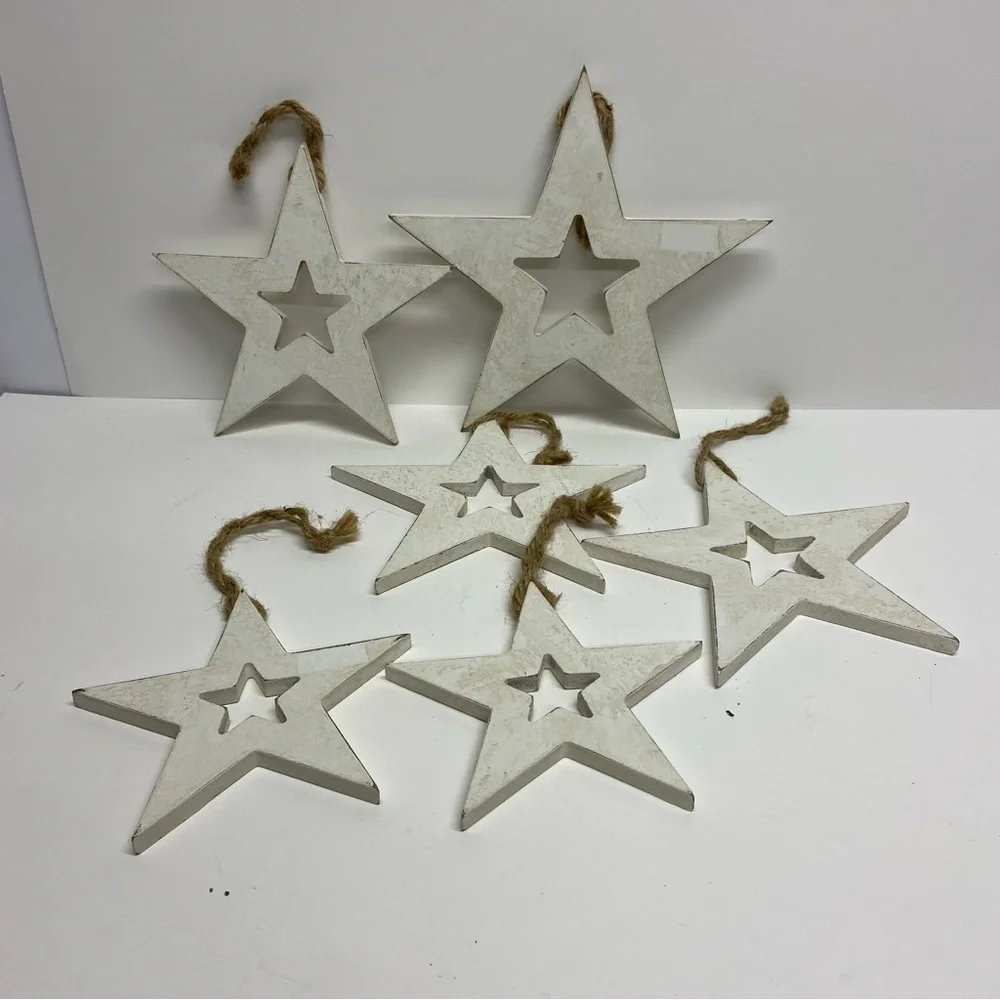 Set of 6 Wooden Hanging Stars White Rustic Country July 4th Christmas - Picture 3 of 6